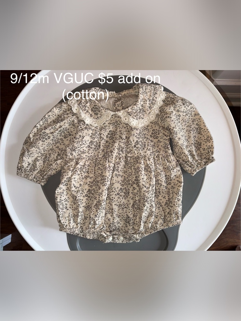 Girls Floral Cotton Bubble Romper with Lace Collar - Cream/Black